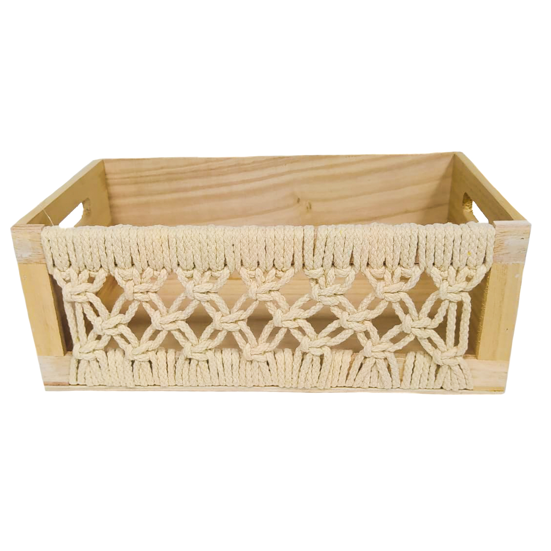 CESTA RECTANGULAR DE MADERA C/DETALLE HILO GDE - BLANCO/MADERA