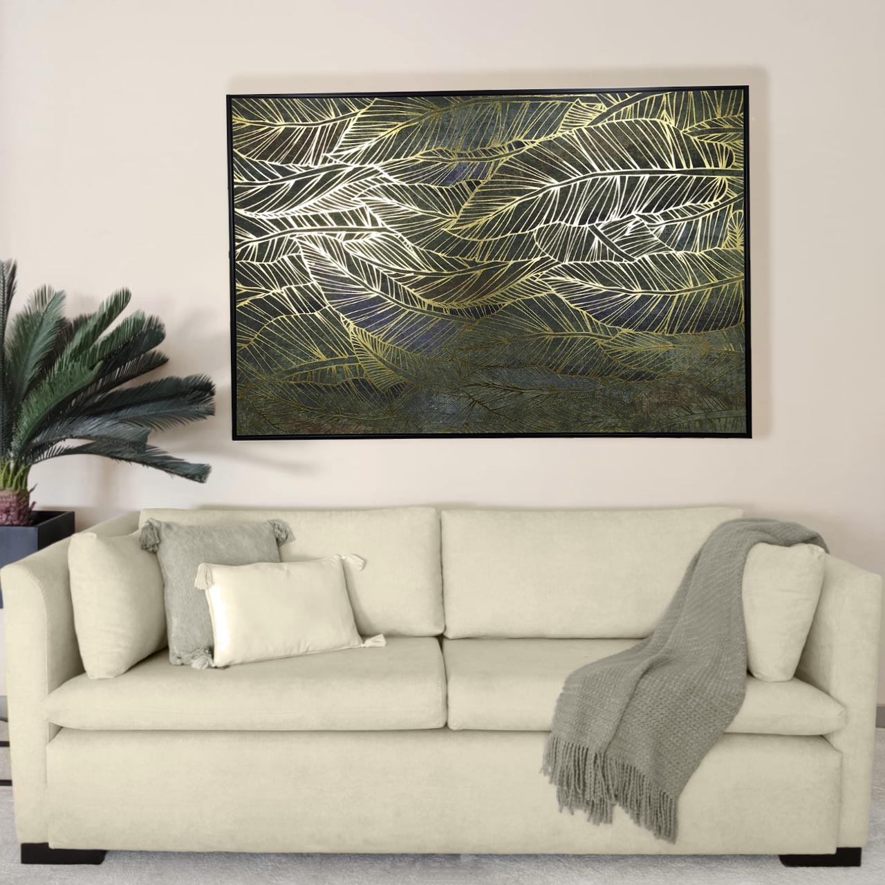 CUADRO DECORATIVO CON DISEÑO DE HOJAS - DORADO/VERDE - 123X82CM - Feria