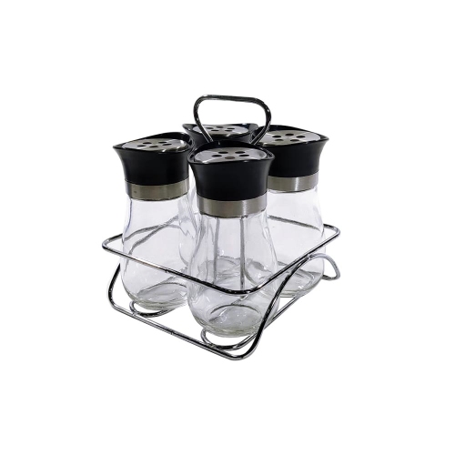 SET DE CONDIMENTEROS 4 PIEZAS CON SOPORTE - CRISTAL/NEGRO - 120ML