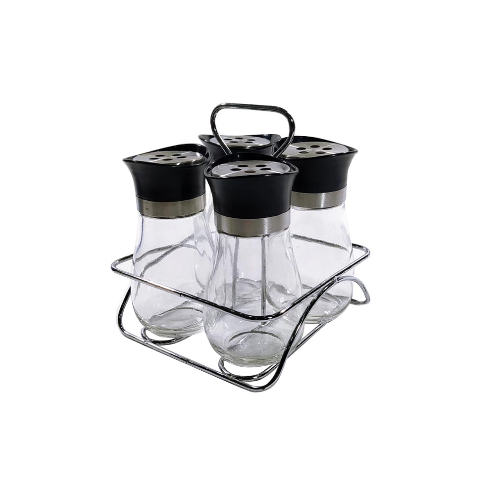 SET DE CONDIMENTEROS 4 PIEZAS CON SOPORTE - CRISTAL/NEGRO - 120ML