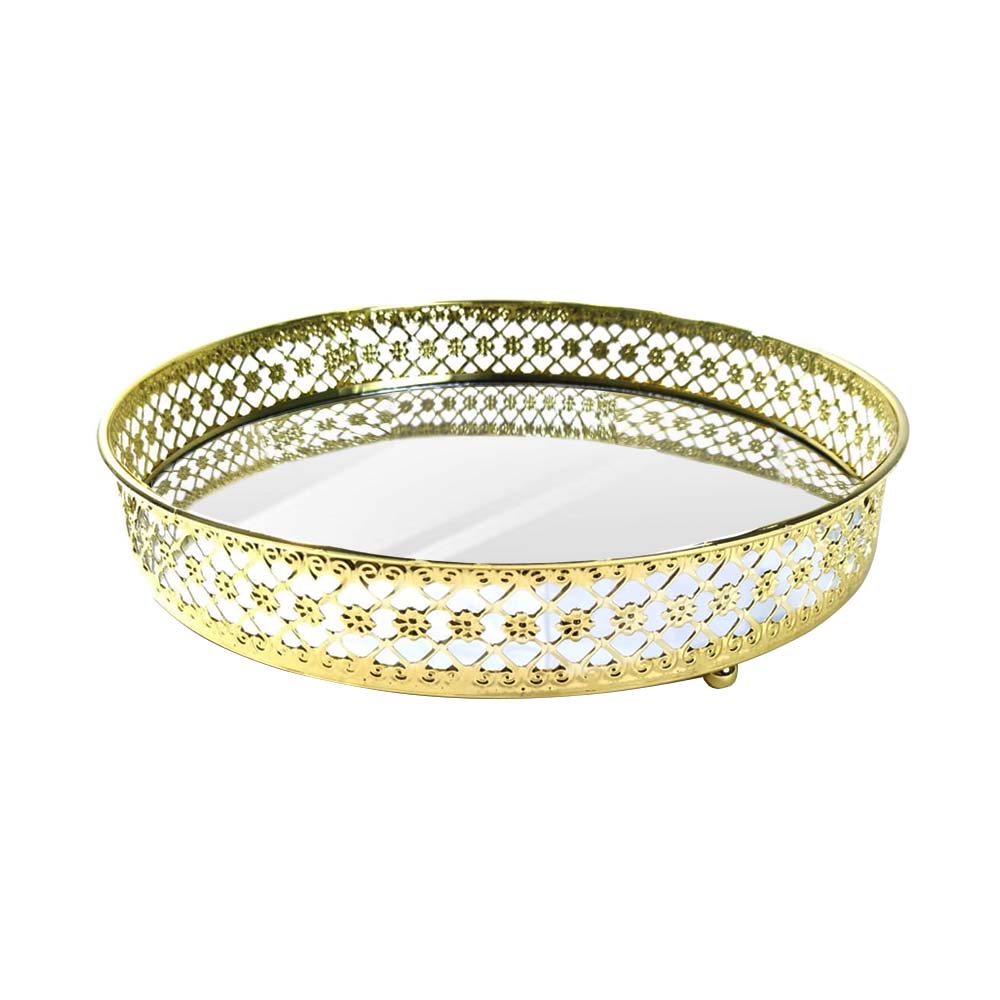 BANDEJA REDONDA ESPEJADA CON BORDE DE METAL DORADO - DORADO - 27X4CM