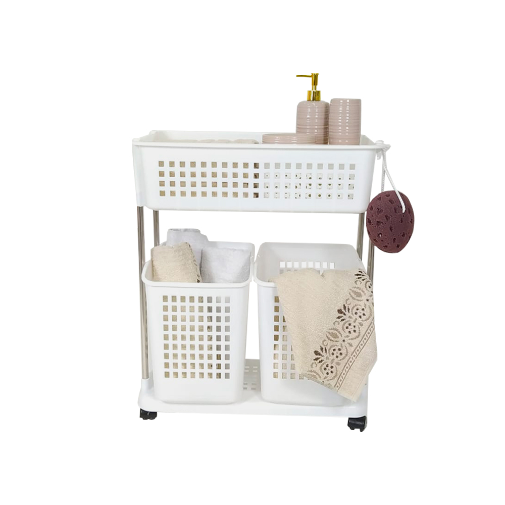 ORGANIZADOR PLAST C/2 CESTAS Y RUEDITAS 2 NIVELES - BLANCO - 56X34X68CM